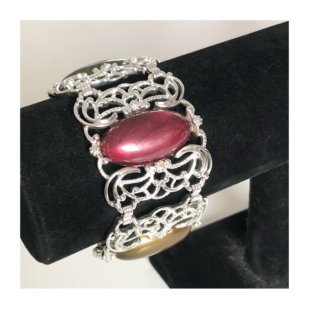 Vintage SARAH COVENTRY Silver Tone Filigree Link Bracelet w/ Multi-color Lucite